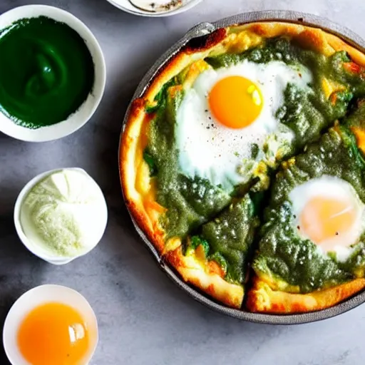 Prompt: a delicious fried egg deep dish pizza with green ketchup sauce.