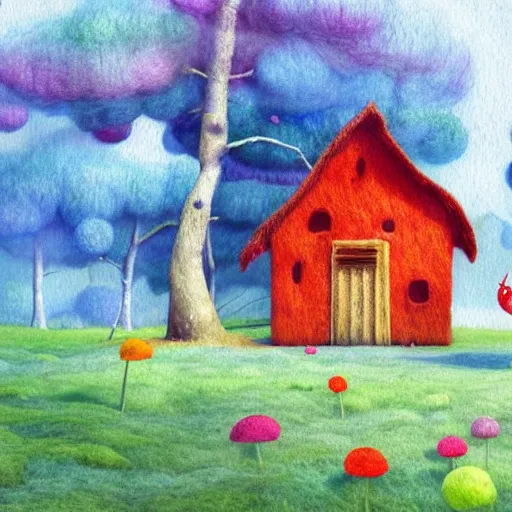 Image similar to small wooden house in the middle of spring forest, bright colours, watercolor, volumetric wool felting, macro photography, children illustration, by goro fujita