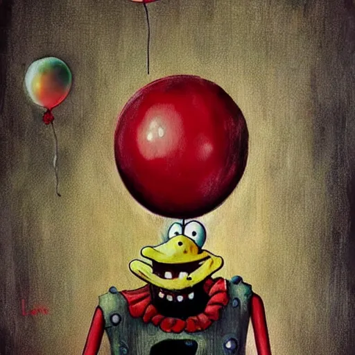 Image similar to grunge painting of spongebob with a wide smile and a red balloon by chris leib, loony toons style, pennywise style, corpse bride style, horror theme, detailed, elegant, intricate