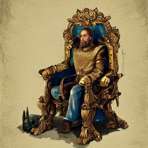 Prompt: a king sitting on his royal chair, artstation, digital art, cinematic, golden n-5