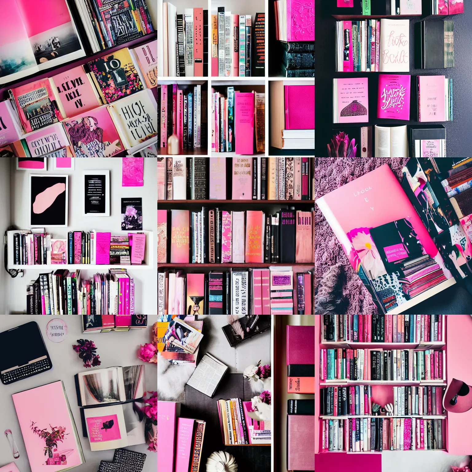 Prompt: flatlay book collection, vivid colors, dramatic lighting, pink and black