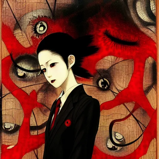 Image similar to yoshitaka amano blurred and dreamy realistic three quarter angle horror portrait of a sinister young woman with short hair, horns and red eyes wearing office suit with tie, junji ito abstract patterns in the background, satoshi kon anime, noisy film grain effect, highly detailed, renaissance oil painting, weird portrait angle, blurred lost edges