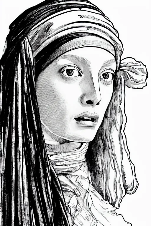 Image similar to beautiful portrait of a woman, negative no not the girl with a pearl earring, highly detailed ink illustration, b & w clean shaped illustration by kim jung gi, ric estrada, ron english and eiichiro oda