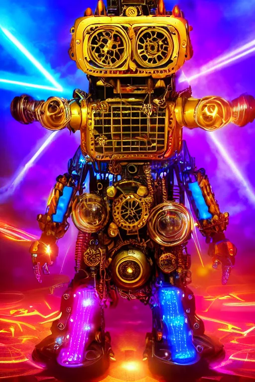 Image similar to portrait photo of a giant huge golden and blue metal steampunk robot covered with multicolored guitars and gears and tubes, eyes are glowing red lightbulbs, shiny crisp finish, 3 d render, 8 k, insaneley detailed, fluorescent colors, background is multicolored lasershow