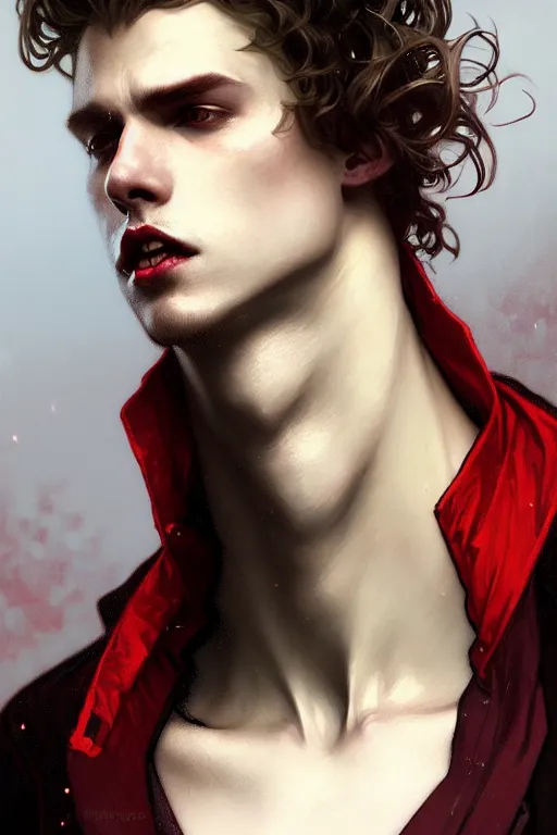 Image similar to portrait of a beautiful young fit male vampire with curly blond hairs and pale skin, dressed with urban clothes, by greg rutkowski and alphonse mucha, d & d character, gradient white to red, modern nocturnal background, highly detailed portrait, digital painting, artstation, concept art, smooth, sharp focus ilustration, artstation hq