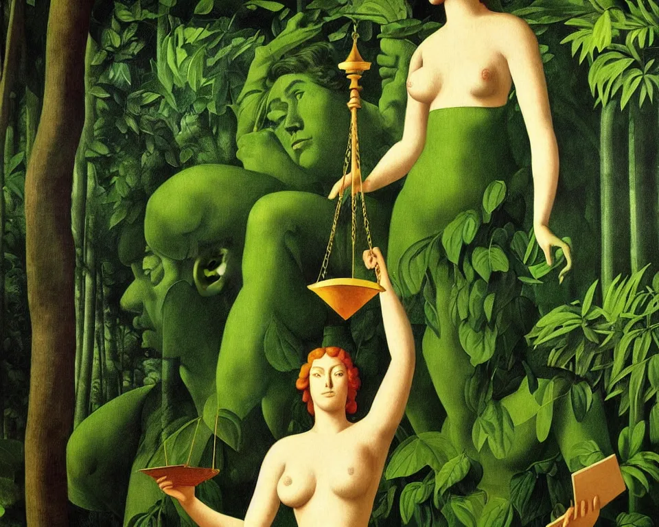 Image similar to an achingly beautiful print of lady justice in the rainforest by Raphael, Hopper, and Rene Magritte. detailed, romantic, enchanting, trending on artstation.