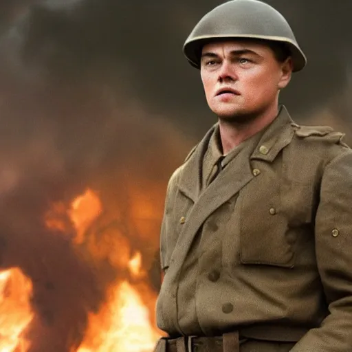 Image similar to leonardo dicaprio as a us ww 2 soldier during the battle of the rhine, cinematic lighting photorealistic highly detailed