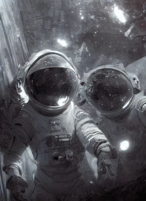 Prompt: infrared concept art by craig mullins astronauts in futuristic dark and empty spaceship underwater. complex and hyperdetailed technical glowing suit. reflection and dispersion materials. rays and dispersion of light. volumetric light. 5 0 mm, f / 3 2. noise film photo. flash photography. octane render. interstellar movie art