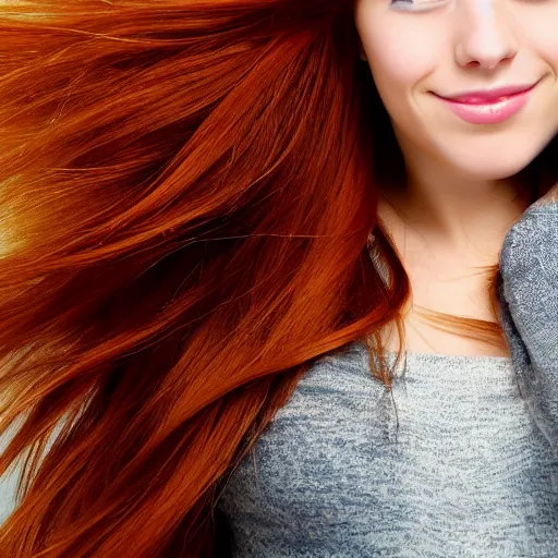 Image similar to a very beautiful young woman with auburn hair with a streak of white