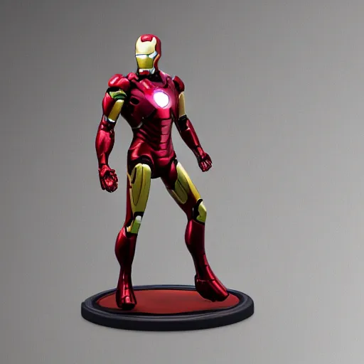 Prompt: close up of Iron man figurine in a dynamic pose on a wooden table, high detail, complex