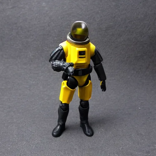 Prompt: a space soldier action figure with dark grey and yellow armor