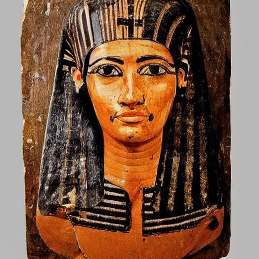 Prompt: fayum portrait, mummy portrait, from egypt, from luxor, on wood