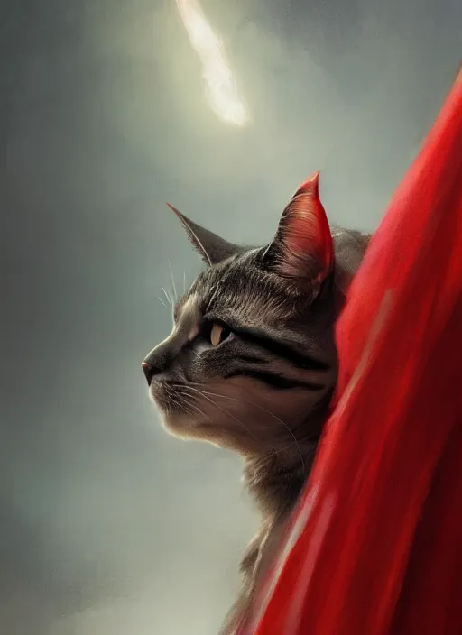 Image similar to side profile of a cat king wearing a crown and red cape, fantasy, digital painting, volumetric light, intricate, sharp, focus, bloom, illustration, highly detailed, concept art, matte, ruan jia, randy vargas, greg rutkowski