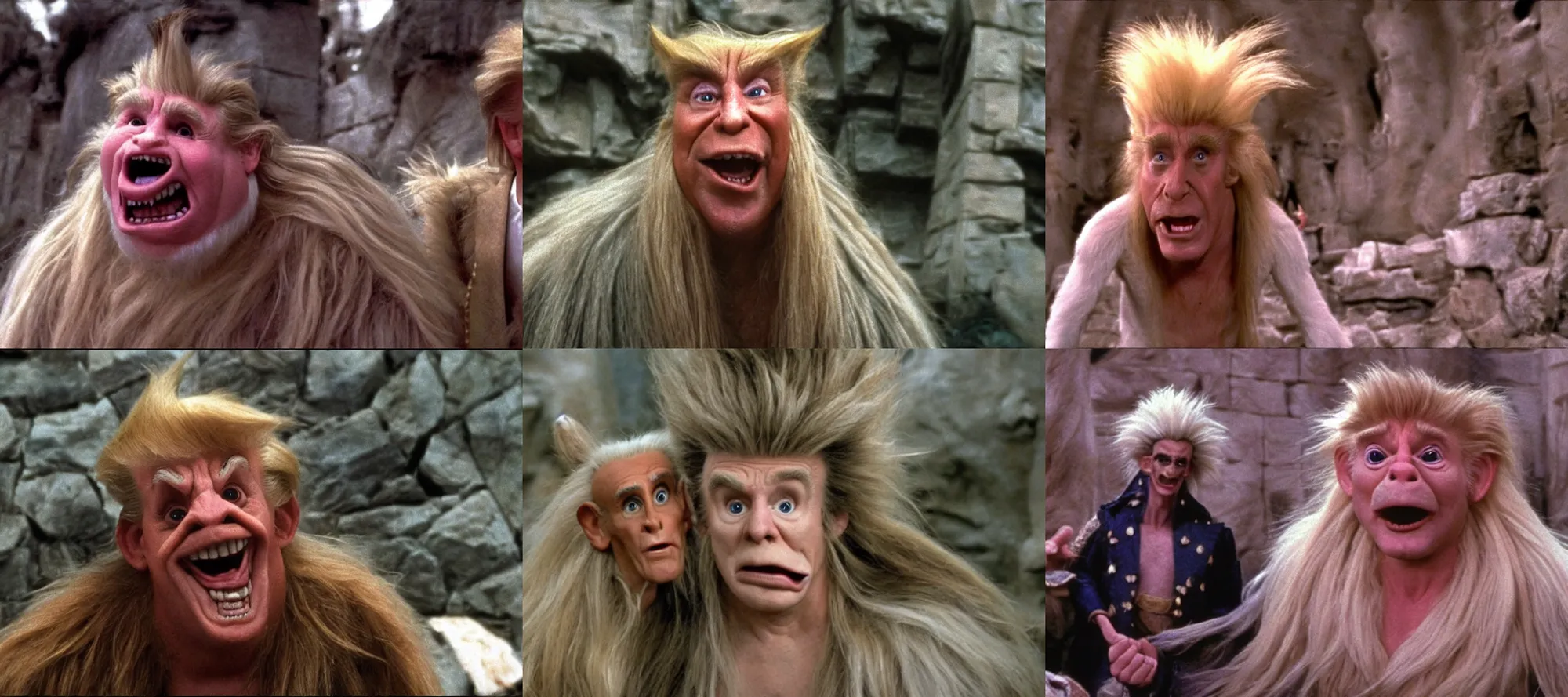 Prompt: cinematic shot of trump as a troll in the movie labyrinth 1 9 8 6