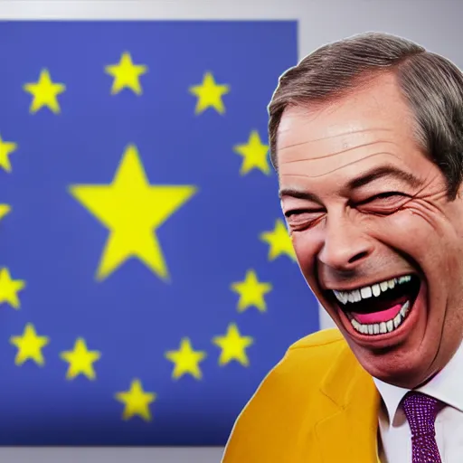 Prompt: nigel farage laughing holding burning eu flag, studio photograph, hd, studio