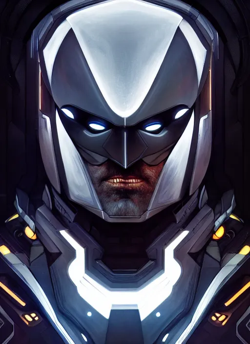 Image similar to Symmetry!! portrait of old Batman, sci-fi armour, tech wear, glowing lights!! sci-fi, intricate, elegant, highly detailed, digital painting, artstation, concept art, smooth, sharp focus, illustration, art by artgerm and greg rutkowski and alphonse mucha