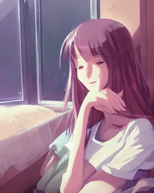 Image similar to a full shot of a teenage girl chilling in her dorm, moe, kawaii, pretty, lovely, detailed face, digital art by makoto shinkai