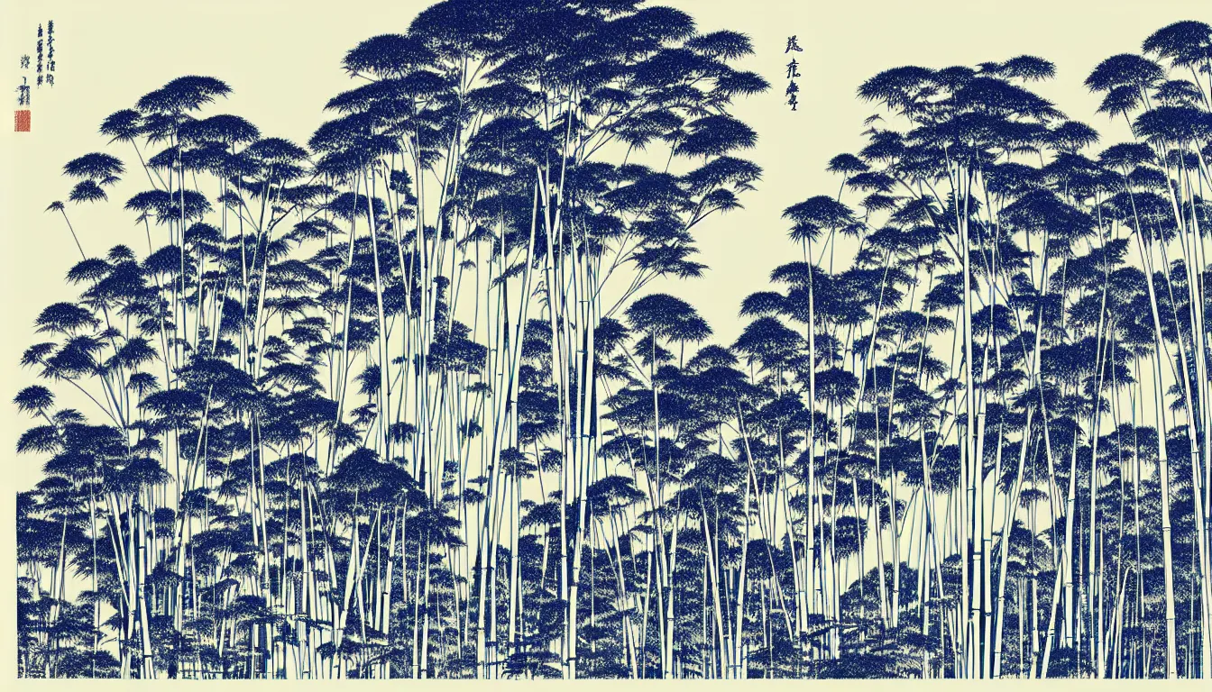 Image similar to bamboo and trees by woodblock print, nicolas delort, moebius, victo ngai, josan gonzalez, kilian eng