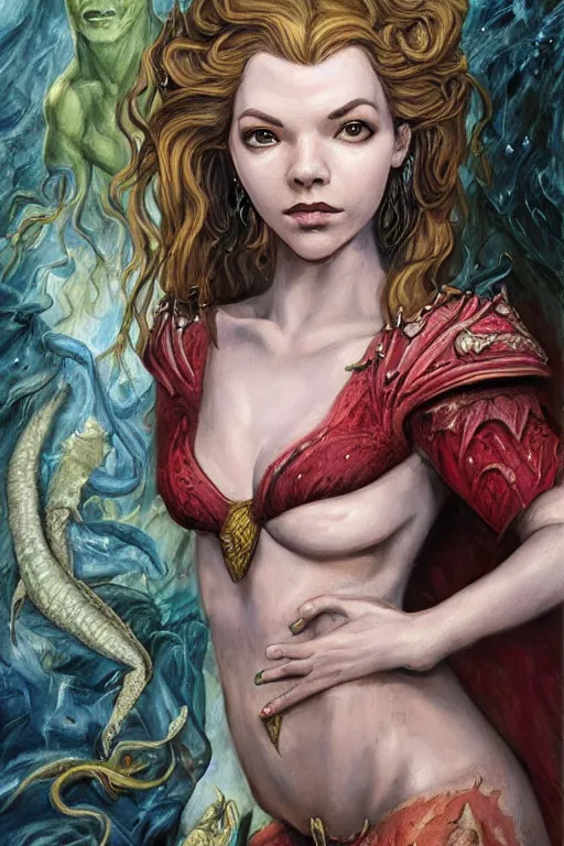 Image similar to A fantasy comic book style portrait painting of Cory Chase, hybrid, Anya Taylor-Joy, as an Atlantean Reptilian Warrior, François Boucher, Oil Painting, Mystical, Modest, Valkyrie, wearing intricately designed, jewel inlaid Armor, unreal 5, DAZ, hyperrealistic, octane render, Regal, Refined, Detailed Digital Art, RPG portrait, William-Adolphe Bouguereau, Michael Cheval, Walt Disney (1937), Steampunk, dynamic lighting, Highly Detailed, Cinematic Lighting, Unreal Engine, 8k, HD