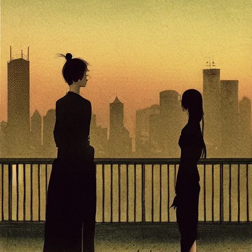 Image similar to a small rooftop with a couple of modern teenagers, standing and talking to each other, highly detailed, wearing black modern clothes, modern shanghai bund is on the background, dust, sunset, by gregory crewdson, carlos schwabe