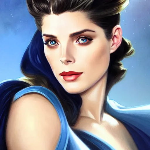 Image similar to Ashley Greene's face combined with Grace Kelly's face with short dark blue hair as She-Ra, western, D&D, fantasy, intricate, elegant, highly detailed, digital painting, artstation, concept art, matte, sharp focus, illustration, art by Artgerm and Greg Rutkowski and Alphonse Mucha