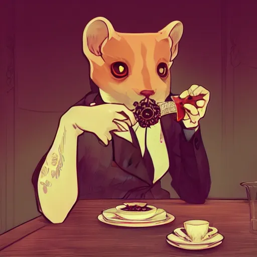 Prompt: a weasel in a suit was drinking tea, surrounded by tea houses ambient lighting, 4 k, lois van baarle, ilya kuvshinov, rossdraws, alphonse mucha, jung gi kim, artstation