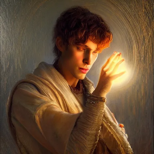 Image similar to a handsome slender young man with wavy brown hair summons a ball of light into his hand. urban fantasy. modern. dramatic. cinematic. holy. saintly. demigod. lord of light. detailed. sharp. photo realistic. realism. gaston bussiere. geoffroy thoorens