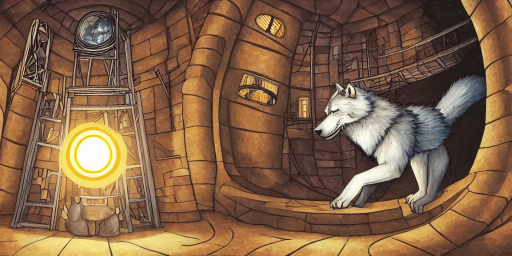 Image similar to anthropomorphic furry wolf inside a giant tower that tracks the stars and planets, illustration