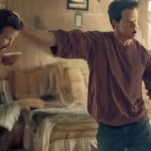 Image similar to scene from a movie that looks like a drama but it's a laugh hard comedy, mark wahlberg being a chaotic mess, shot by darren aronofsky, 4 k