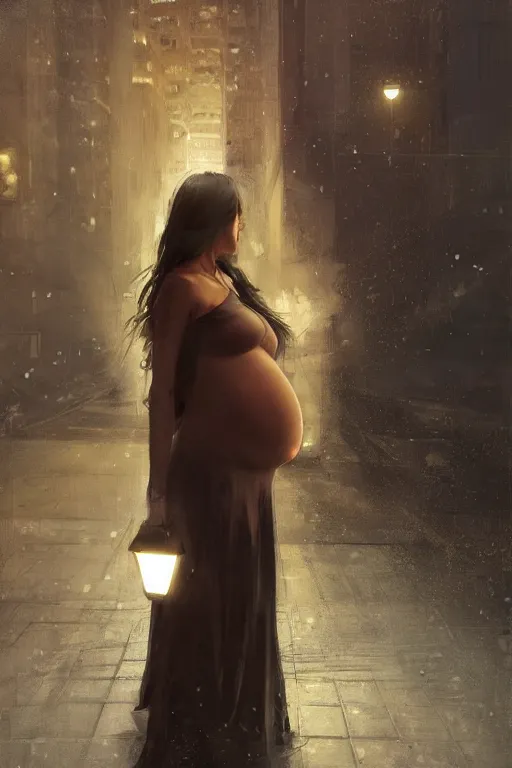 Image similar to pregnant woman under street light, highly detailed, sharp focused, ultra realistic digital concept art by Stanley Artgerm, Alyssa Monks, Ruan Jia