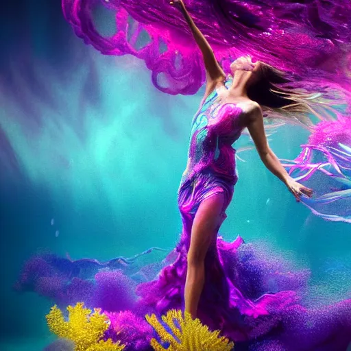 Image similar to masterpiece artwork of beautiful geni morrow woman dancing underwater wearing a flowing dress made of blue, magenta, and yellow seaweed, delicate coral sea bottom, swirling silver fish, swirling smoke shapes, octane render, caustics lighting from above, cinematic, hyperdetailed