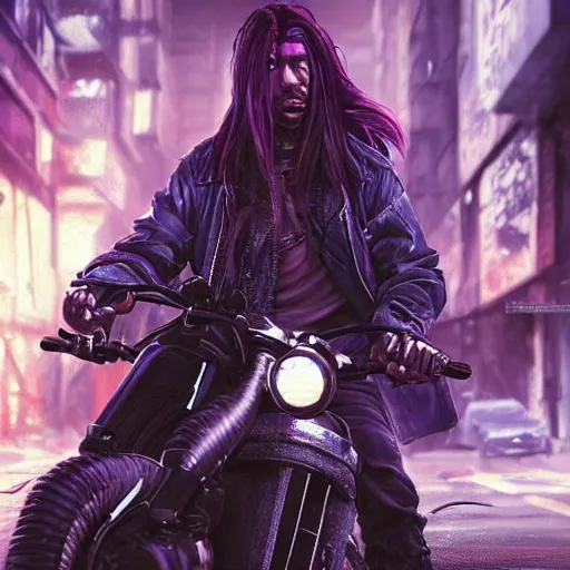 Image similar to portrait painting of a street samurai with long purple hair riding a motorcycle through a burning cyberpunk slum, glitchwave, ultra realistic, concept art, intricate details, eerie, highly detailed, photorealistic, octane render, 8 k, unreal engine. art by artgerm and greg rutkowski