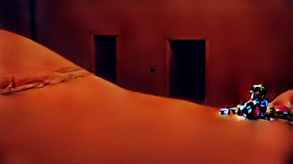 Prompt: a strange creature sits at the end of your bed, film still from the movie directed by Denis Villeneuve with art direction by Zdzisław Beksiński, close up, telephoto lens, shallow depth of field