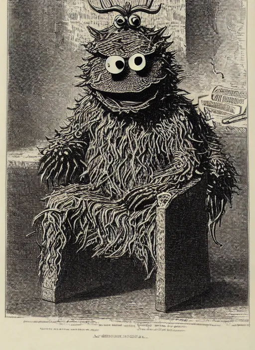 Image similar to cookie monster sits upon a throne of cookies, demon from the dictionarre infernal, etching by louis le breton, 1 8 6 9, 1 2 0 0 dpi scan, ultrasharp detail, clean scan