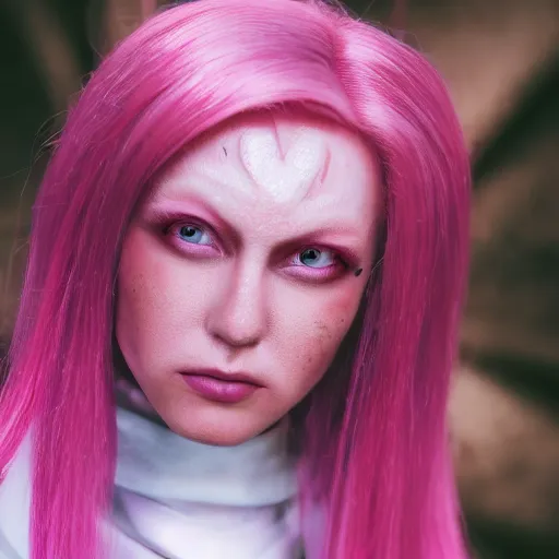 Image similar to close up portrait photography of an aes sedai from wheel of time as she channels saidar, pink glowing hair, wind blowing, big eyes, cute, clear clean face, symmetrical face, blurry background, posing, high contrast, three quartered turned angle, surrounded by magic energy