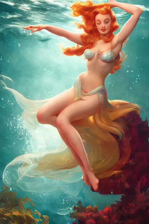 Image similar to sophie turner as the little mermaid underwater by Gil Elvgren Stanley Artgerm Lau, WLOP, James Jean, Andrei Riabovitchev, Marc Simonetti, Yoshitaka Amano, ArtStation, CGSociety, hair floating, bubbles vfx, cinematic lighting, god ray, starlit shining eyes, art nouveau