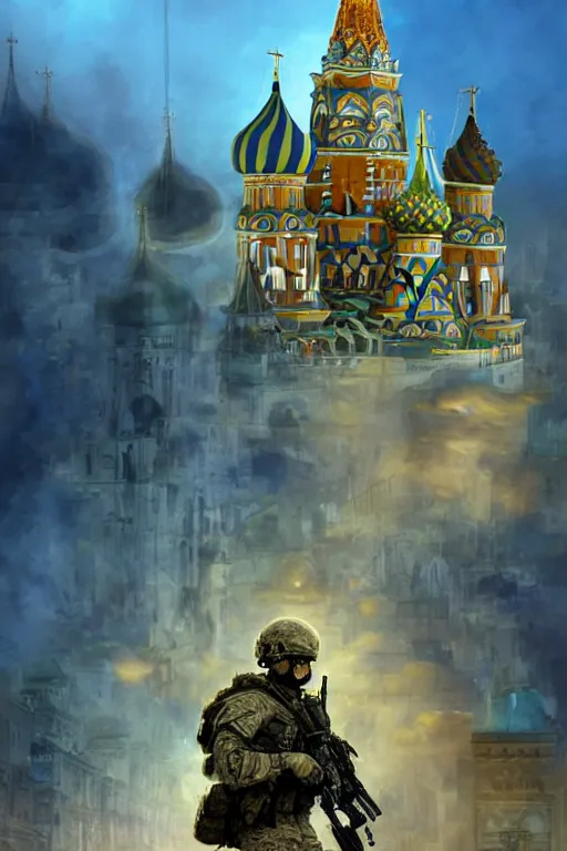 Image similar to special forces soldier raising ukrainian blue and yellow flag, kremlin st. basil cathedral in the background, masculine figure, d & d, fantasy, bright atmosphere, volumetric lights, intricate, elegant, extremely detailed, digital painting, artstation, concept art, matte, smooth, sharp focus, hyper realistic, illustration, art by artgerm and greg rutkowski and alphonse mucha