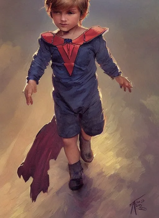 Prompt: a little boy with short straight blonde hair. he is dino boy. he is wearing a dinosaur themed superhero costume. clean elegant painting, beautiful detailed face. by artgerm and greg rutkowski and alphonse mucha