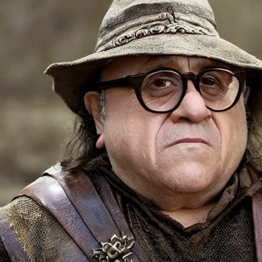 Prompt: movie still of danny devito starring as aragon in the 2 0 2 6 lord of the rings movie, with hat, full body