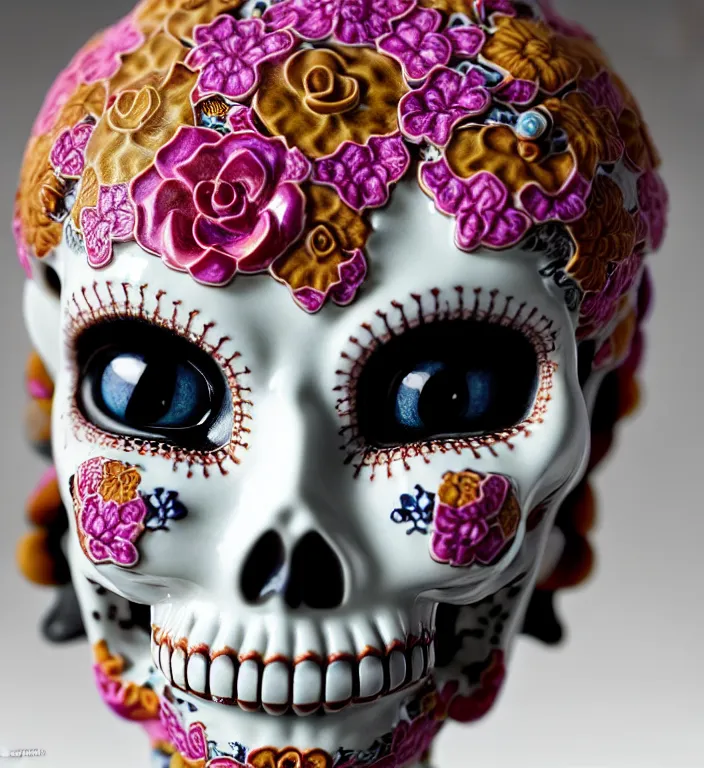 Prompt: La Catrina pretty face, A Close up photo-real delicate ceramic porcelain sculpture of a symmetrical ornate detailed in front of an intricate background by Victo Ngai and takato yamamoto, micro detail, backlit lighting, face in focus, subsurface scattering, translucent, thin porcelain, octane renderer, colorful, physically based rendering, japanese pottery, trending on cgsociety