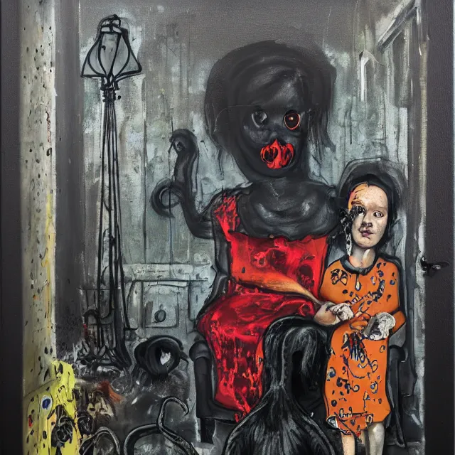 Image similar to a portrait in a dark apartment, rats, a widow holding an octopus, streetlamps, wet, puddles, wild berries, metaphysical, neo - expressionism, surrealism, acrylic and spray paint and oilstick on canvas