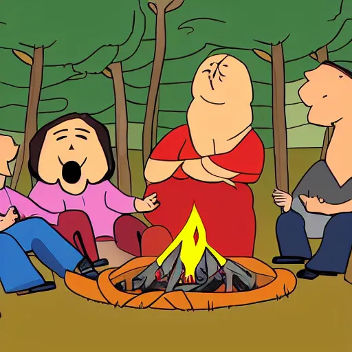 Prompt: the big lez show characters sitting around a fire