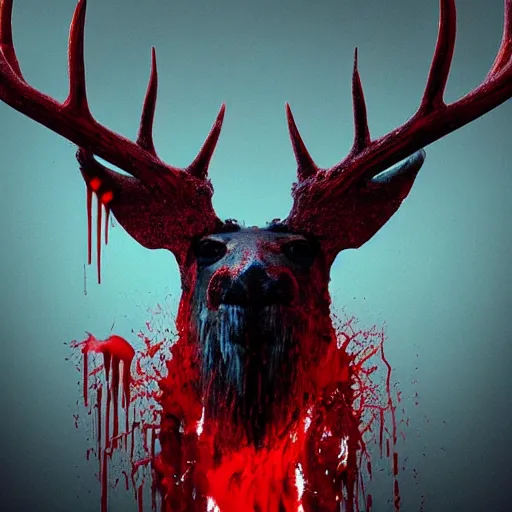 Prompt: Photorealistic wendigo elk dripping blood. Hyperdetailed photorealism, 108 megapixels, amazing depth, glowing rich colors, powerful imagery, Eldritch Horror Overtones, 3D finalrender, 3d shading, cinematic lighting, artstation concept art