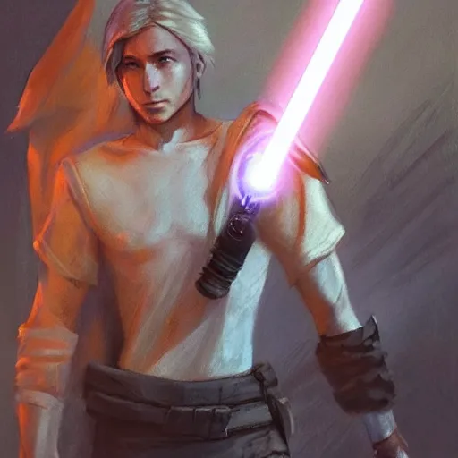 Image similar to a young blonde male jedi with short hair looking away at a threat full body shot concept art by Doug Chiang cinematic concept art, realistic painting, high definition, digital art, matte painting, symmetrical, very detailed, realistic, dramatic lighting, cinematic, establishing shot, extremely high detail, photo realistic, cinematic lighting, post processed, concept art, artstation, matte painting, red color scheme