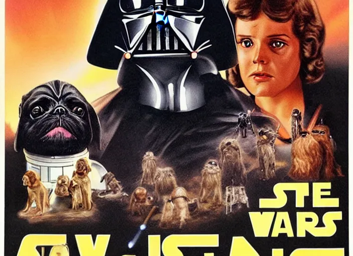 Image similar to vintage 1 9 7 7 star wars episode iv a new hope movie poster, with pugs instead of people