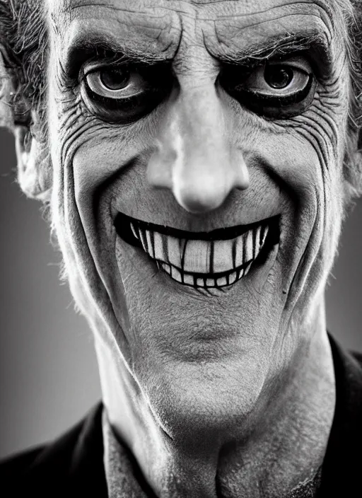 Prompt: photo of Peter Capaldi as the Joker by Lee Jeffries and Eolo Perfido, big smile, head shot, detailed, award winning, Sony a7R, trending on artstation