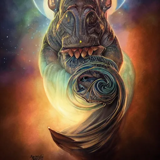 Prompt: a wlop 3 d render of very very very very highly detailed beautiful mystic portrait of a phantom undead hippo with whirling galaxy around, tattoos by anton pieck, intricate, extremely detailed, digital painting, artstation, concept art, smooth, sharp focus, illustration, intimidating lighting, incredible art,