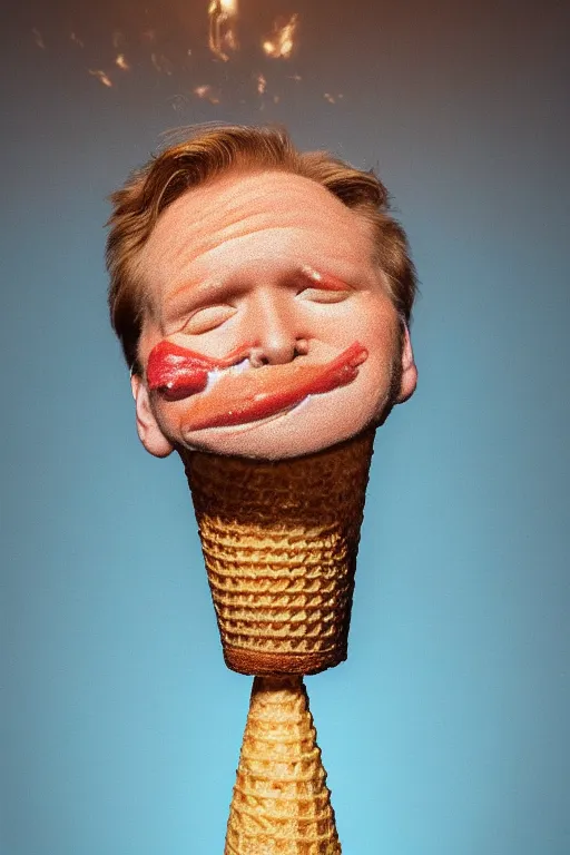 Prompt: 📷 conan o'brien the ice - cream cone 🍦, made of food, head portrait still image, dynamic lighting, 4 k