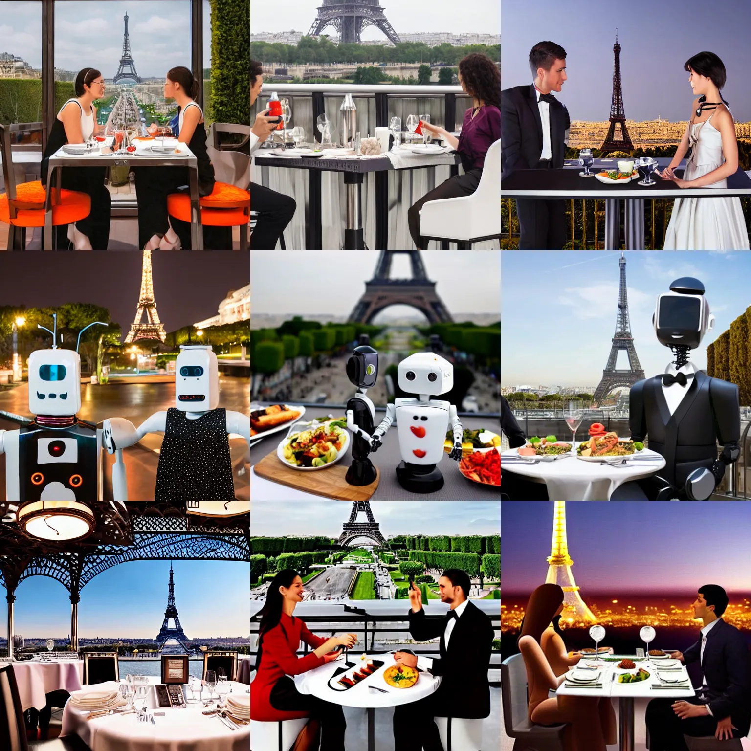 Prompt: A robot couple fine dining with Eiffel Tower in the background