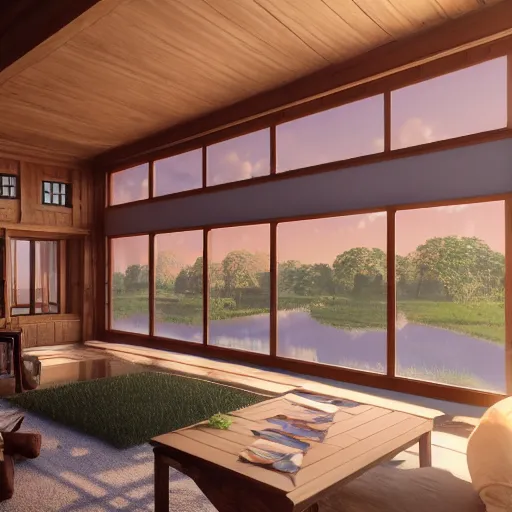 Image similar to Peaceful wooden mansion, unreal engine 5 tech demo, zillow interior, golden hour, living room, cozy, octane render, Frank Lloyd Wright ((Studio Ghibli))